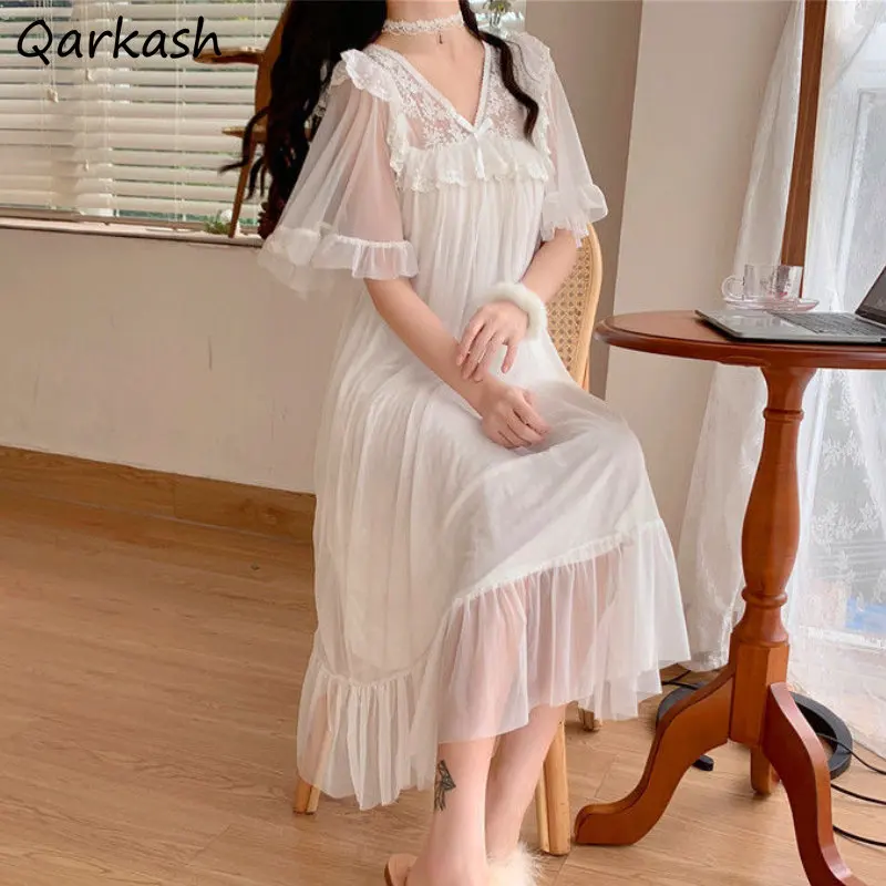 M-4XL Nightgowns Women Sleepwear White Midi V-neck Sweet Ruffles A-line Spliced Temper Elegant Lounge Summer Aesthetics Home Ins