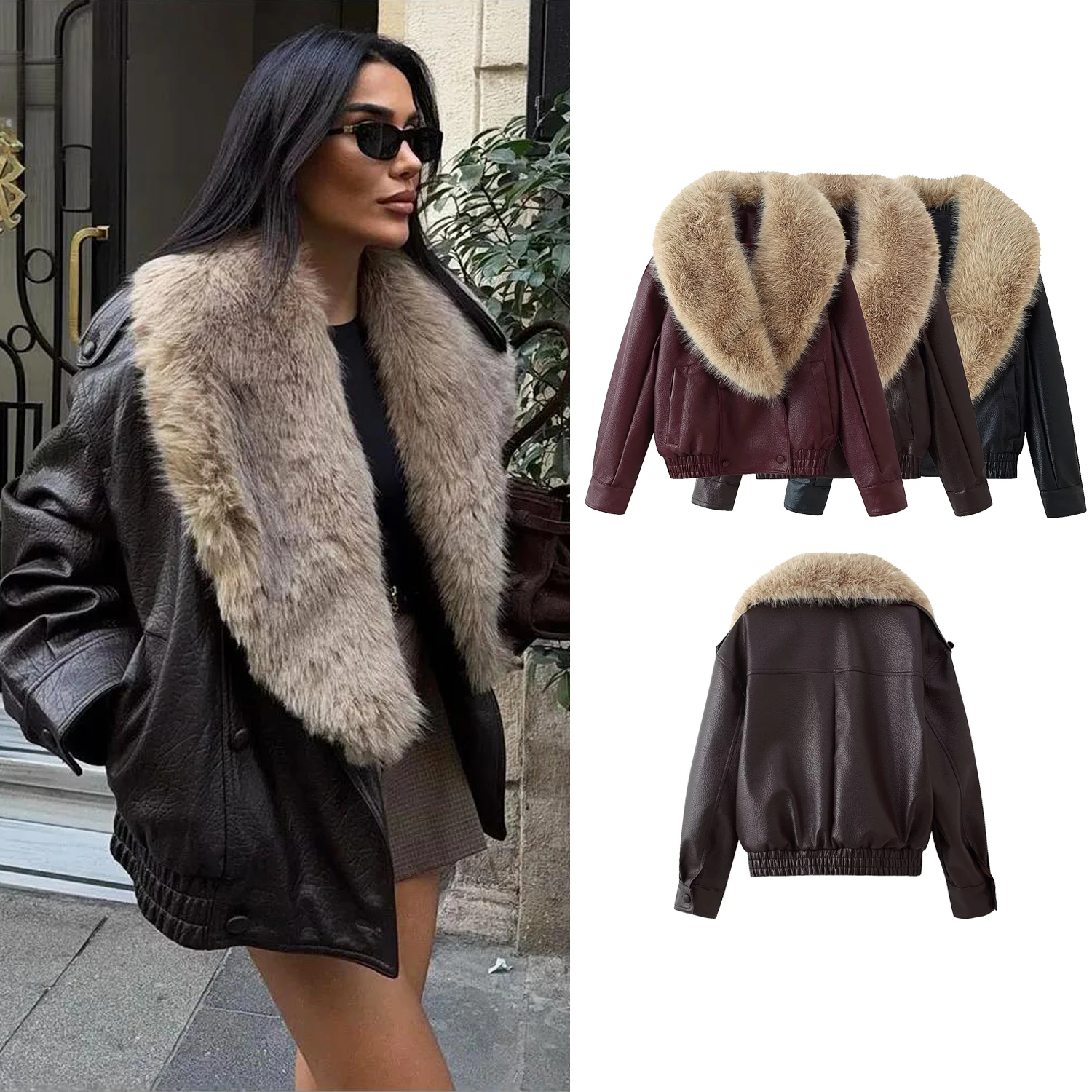 Jaqueta Feminina Solta de Couro Sintético Outono Inverno Nova Moda Feminina Casaco Casual com Gola Grande de Pelo Estilo High Street Transpassado