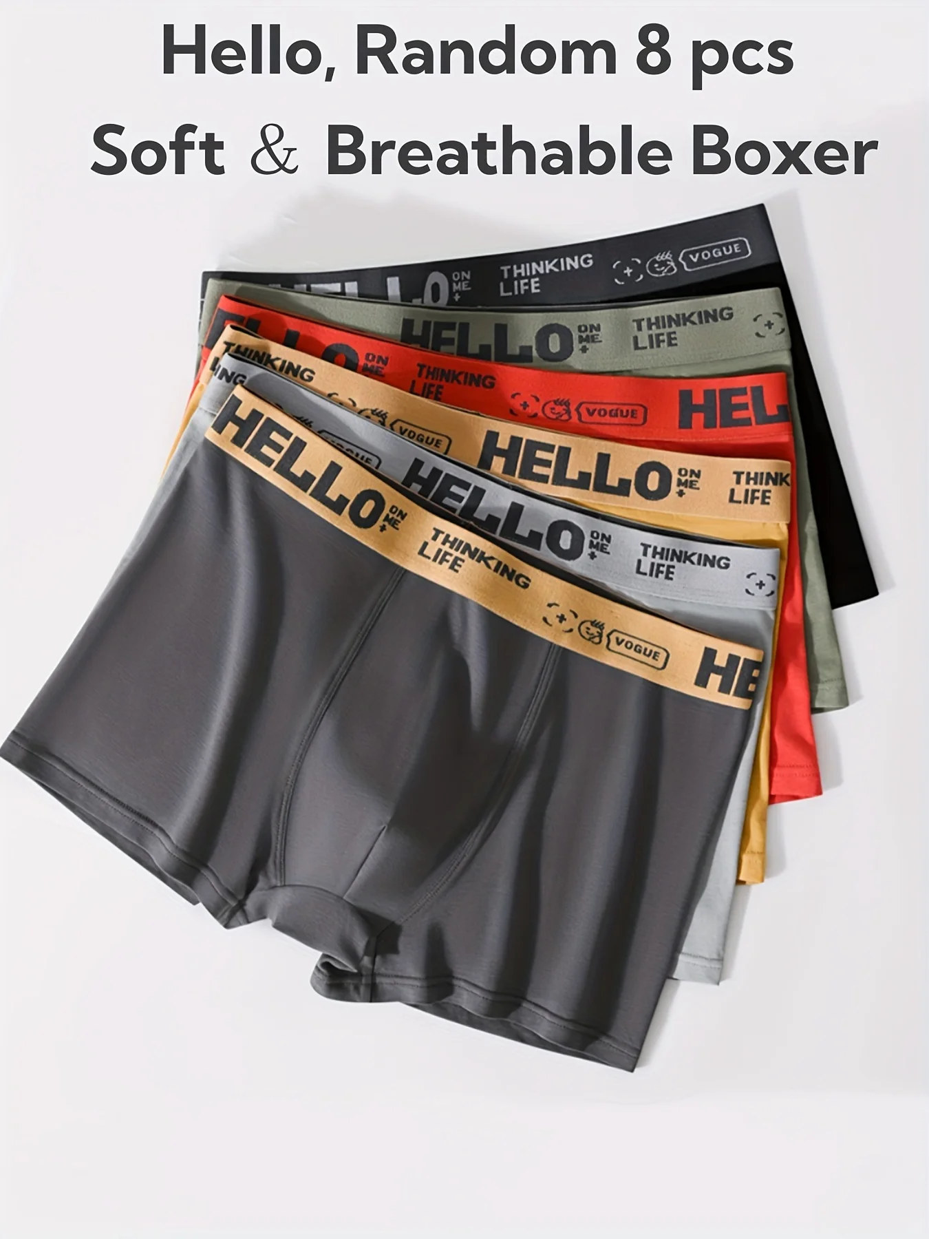 

8PCSRandom Color 8pcs 'HELLO' Prin Men's Breathable Comfy Stretchy Quick Drying Boxer Briefs Shorts, Sports Trunks, Men's Trendy