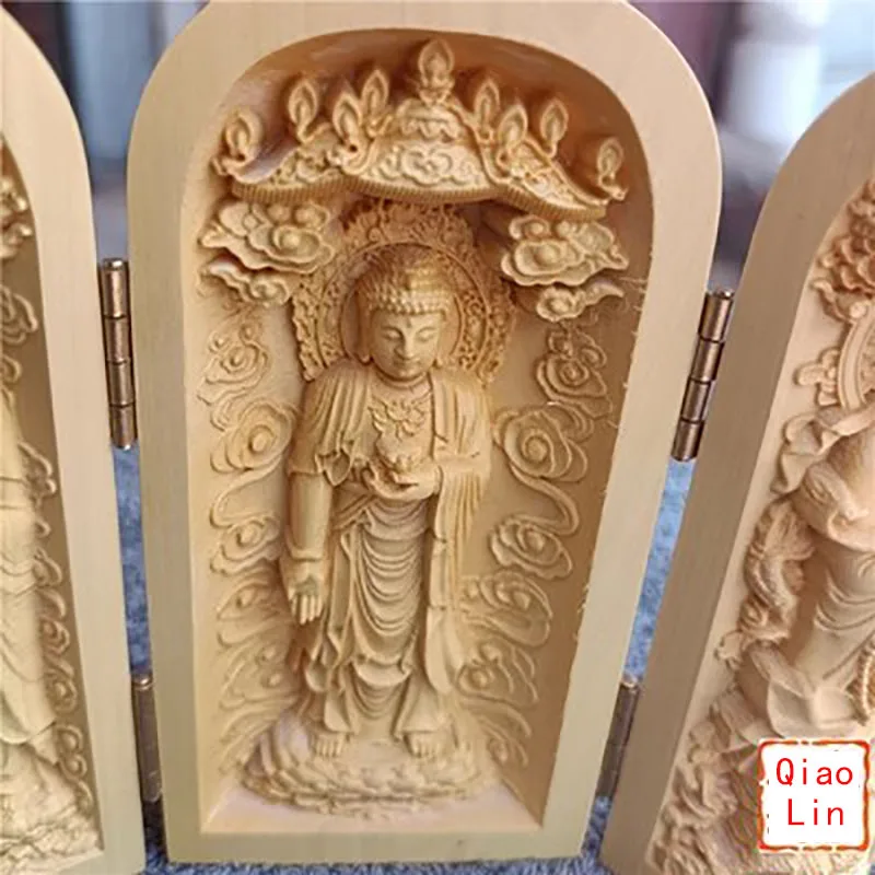 Solid Wood Carving Three Open Buddha Statue, Collapsible Sculpture, Living Room and Bedroom Decoration, Modern Art