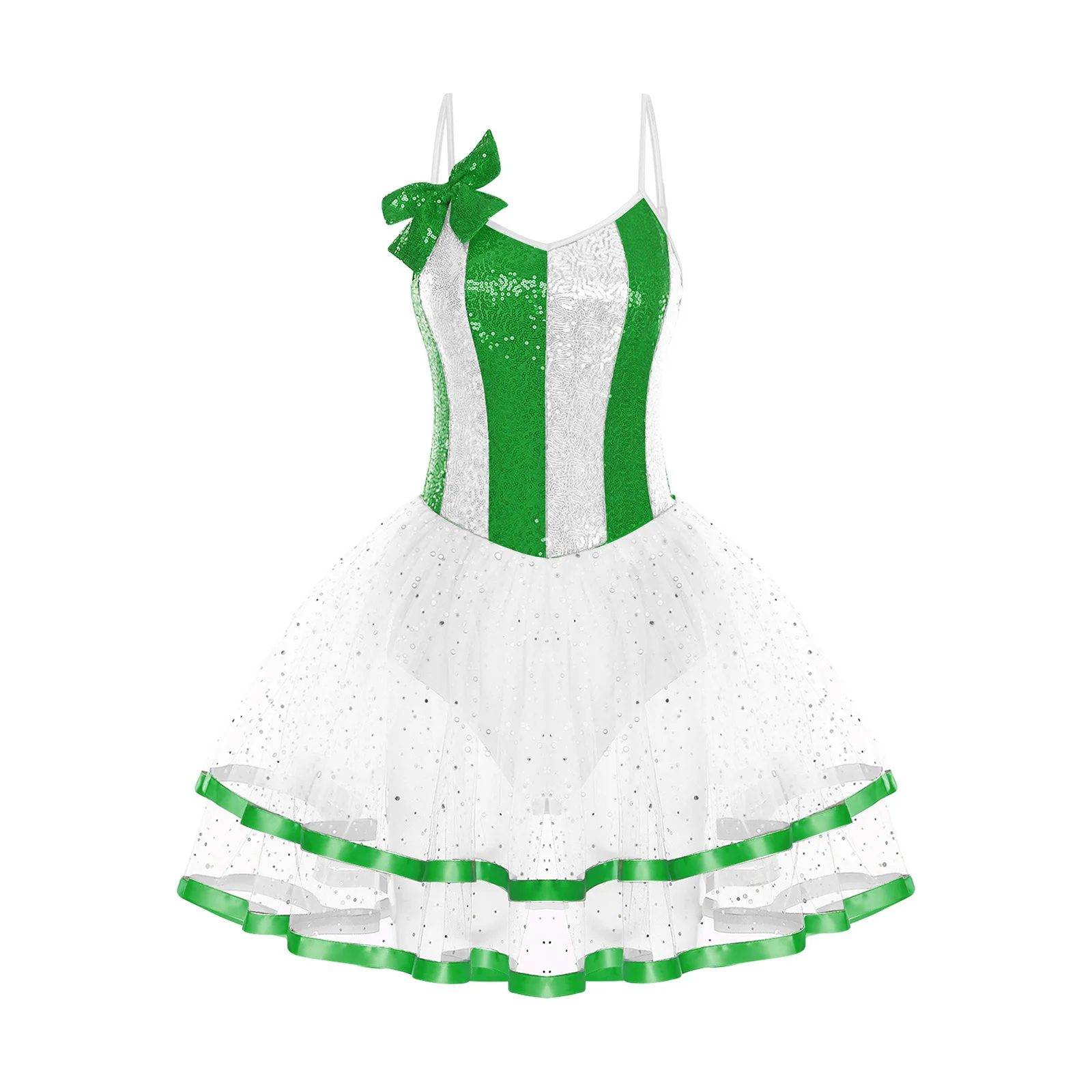 

Women Christmas Candy Cane Costume Adjustable Spaghetti Straps Sleeveless Bow Color Block Shiny Sequins Tulle Christmas Dress