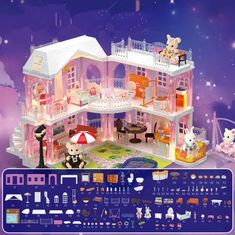 Castillo de princesa de juguete para niña, casa de cristal romántica, montaje de luz LED, regalo de cumpleaños, divertido