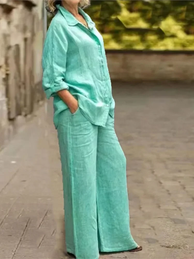 

Fashion Cotton Linen Shirt Long Sleeved Women's Set Spring Autumn Loose Cotton Linen Wide Leg Trousers Female Office 2piece Set