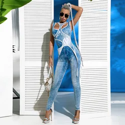 Oshoplive 2023 Female Summer Casual Sports Blue U-Neck Letter Print Patchwork Irregular Sleeveless Jumpsuit Bodysuit For Women