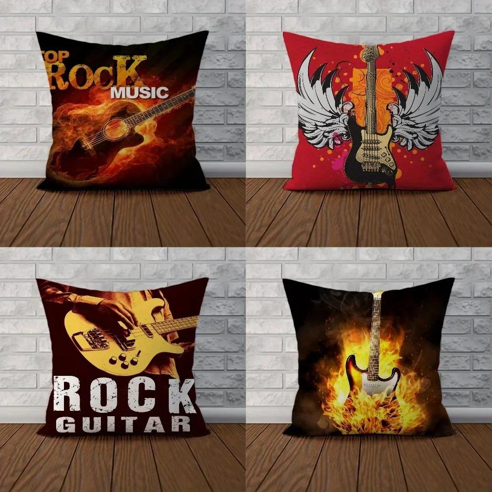 Home Decor Rock Guitar: Flame & Winged Bass Designs Pattern Cushion Cover Suitable for Sofa Bedroom Car Pillow Cover