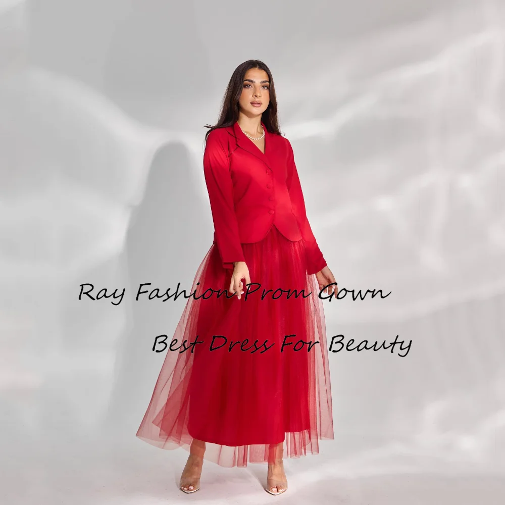 

Ray Fashion A Line Evening Dress V Neck With Long Sleeves Tulle With Buttons For Women Formal Occasion فساتين سهرة Saudi Arabia