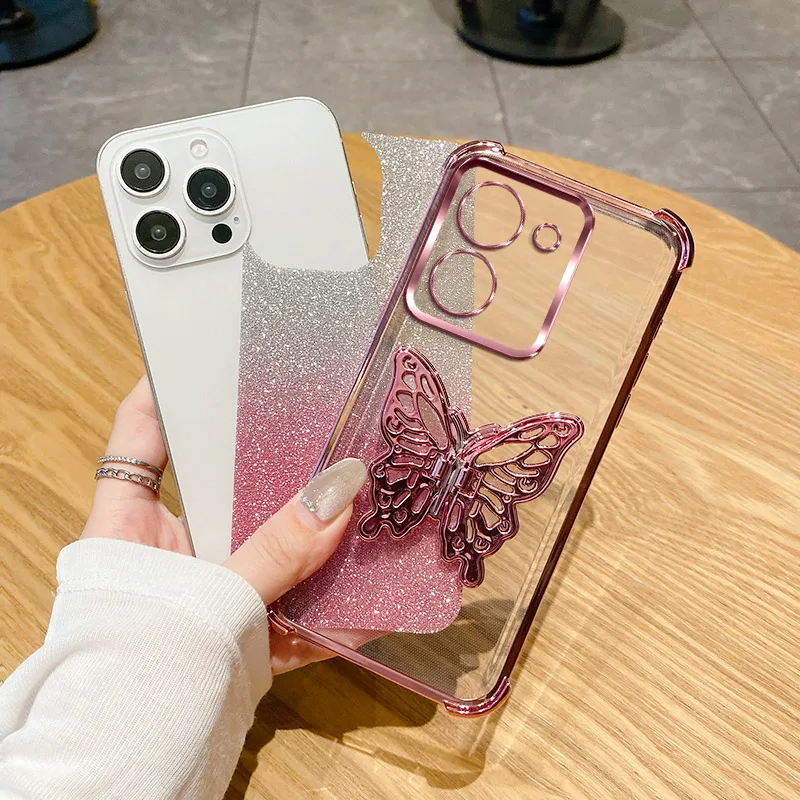 Case For Vivo Y36 Y35 Y31 Y28 Y33 Y32 Y30 Luxury Glitter Butterfly Holder Four Corner Anti-Shock Back Cover For Vivo Y35 Funda