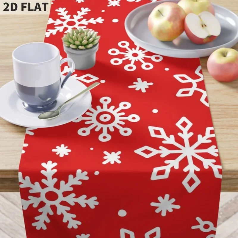 

2D FLAT Christmas Table Runner, 12x72inch Christmas and New Year Table Cloths, White Snowflake with red background, Vivid Color