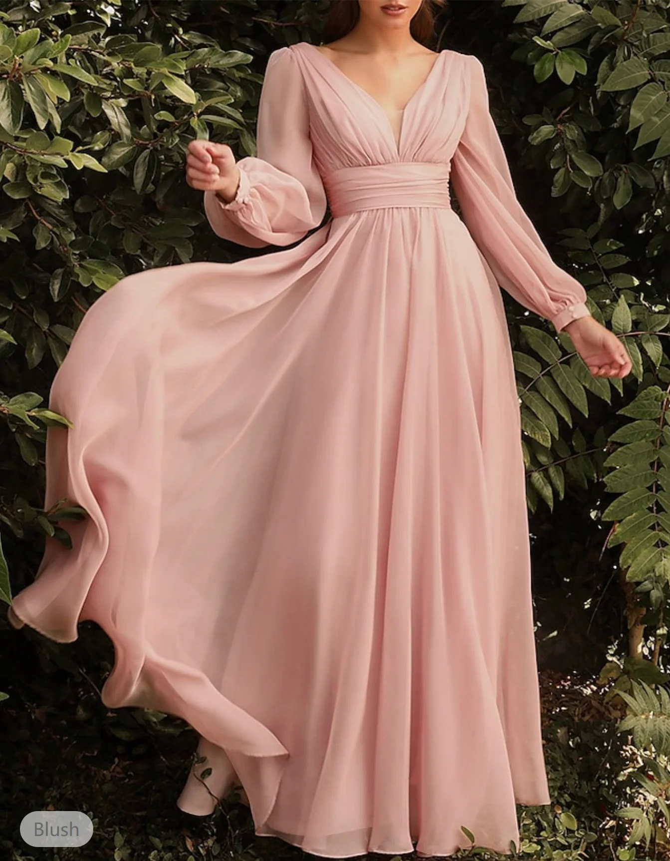 A-Line Bridesmaid Dress V Neck Long Sleeve Blue Floor Length Chiffon with Ruching / Solid Color 2024