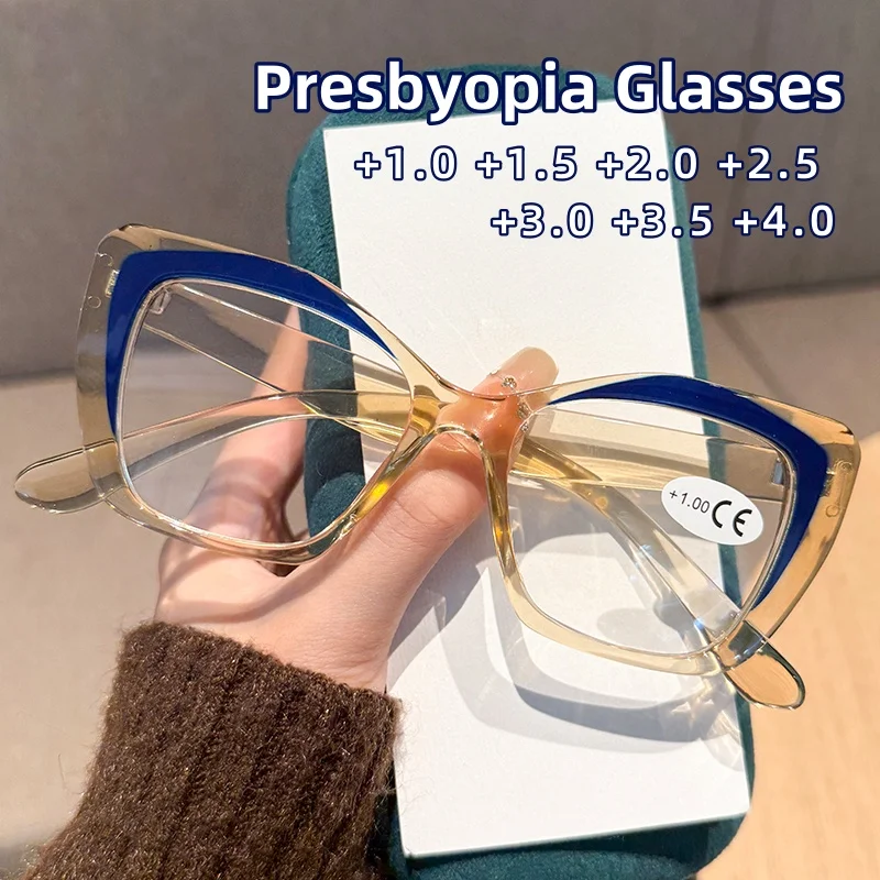 

Fashionable and Trendy Cat Eye Presbyopia Glasses Ladies' Large Frame High-definition Anti Blue Light Glasses Diopter To +4.0