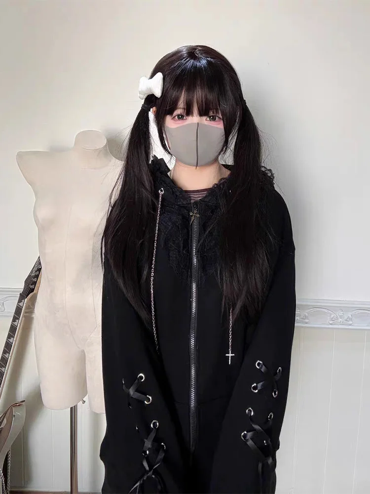 2026 Gothic Subculture Black Lace Loose Hoodie Women's Autumn Aesthetic Lovely Long Sleeve Hooded Coat Casual Winter