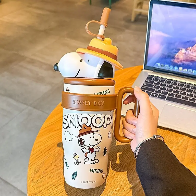 Copo Térmico Snoopy Fofo de Desenho Animado 800ML Grande Capacidade para Meninas, Copo de Água com Canudo de Aço Inoxidável 316 de Alta Qualidade, Presente de Aniversário Infantil