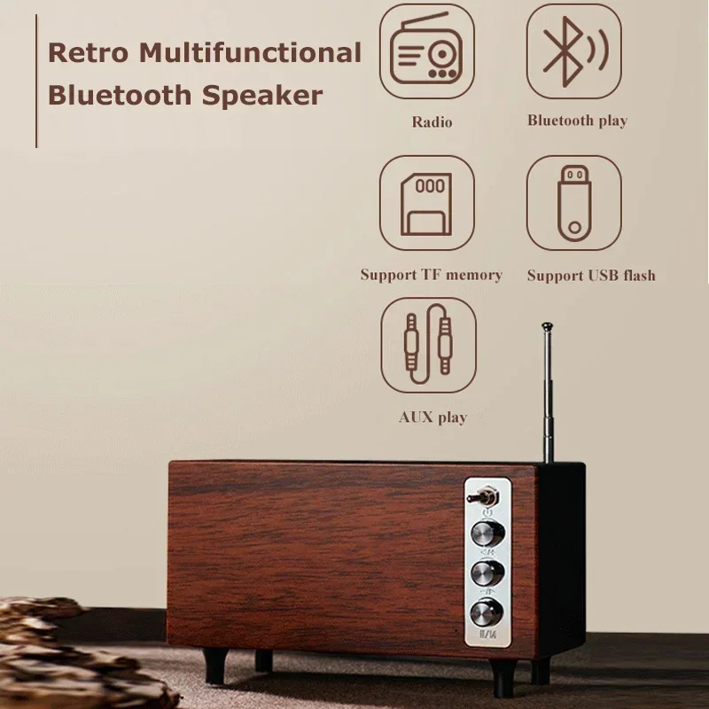 Subwoofer sem fio de alta qualidade caixa de som fm rádio de madeira retro nostálgico portátil hi-fi bluetooth barra de alto-falante suporta cartão tf