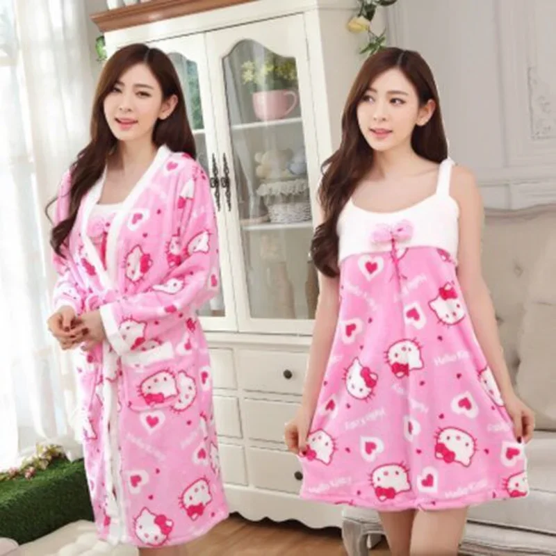 2pcs Hello Kitty Women Pajamas Winter Flannel Nightwear Bathrobes Female Thicken Warm Slip Dress Sleepwear Nightwear Robes Gifts