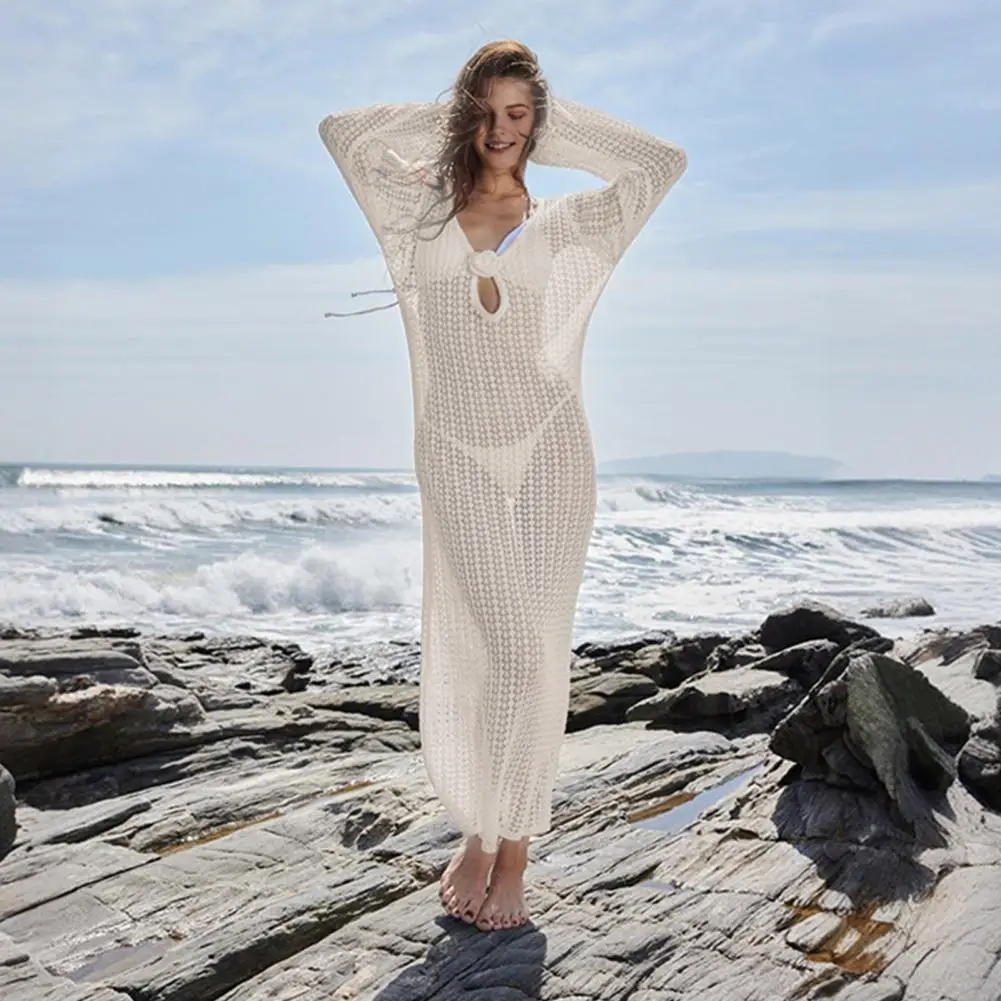 Women's Beach Dress Hollow Knit Halter Strap V-neck Wide Blouse Blouse Long Sleeve Sunscreen Bikini Swimsuit