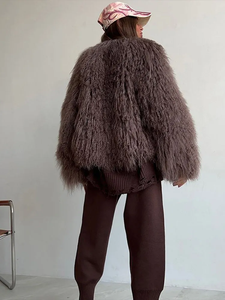 Faux Curly Fur Coat Solid Color Round Neck Loose Fashion Luxury Artificial Fur Short Overcoat Warm Furry Jacket Women's Clothing