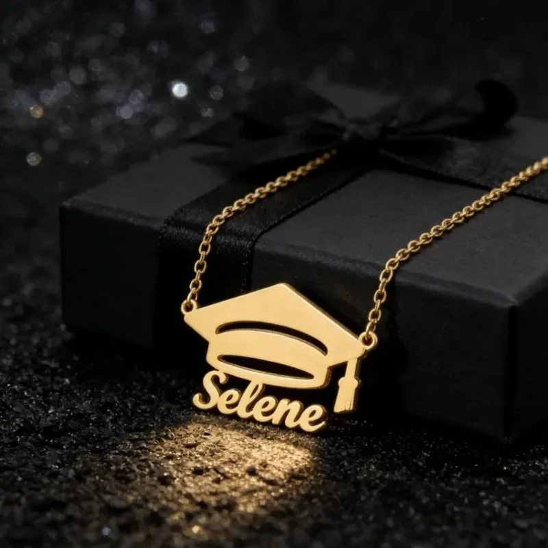 Customizable Graduation Name Necklace with Mortarboard Personalized Dainty Grad Pendant High School/College Graduation Keepsak