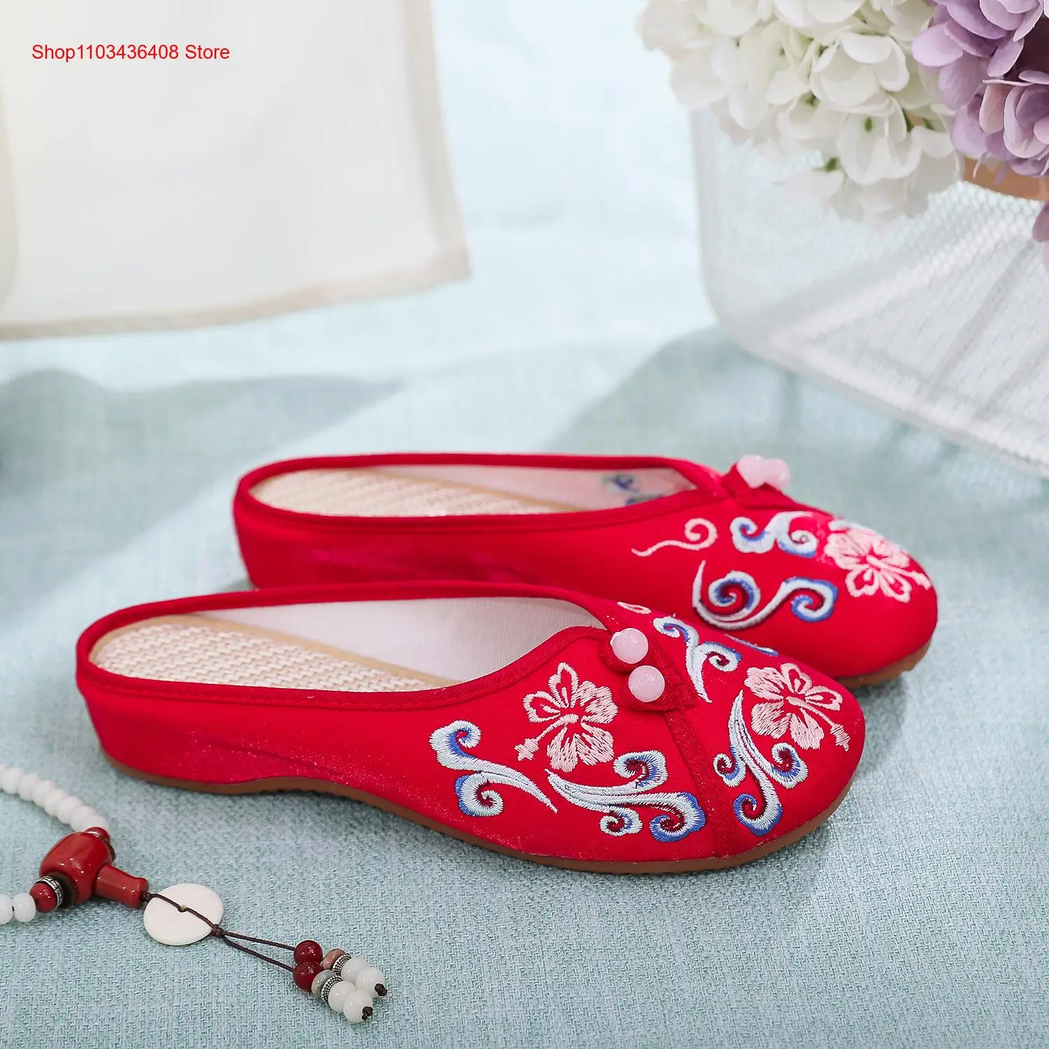 Women\'s Summer Breathable Linen Hanfu Shoes Half Slippers Soft Bottom Ethnic Style Embroidered Shoes