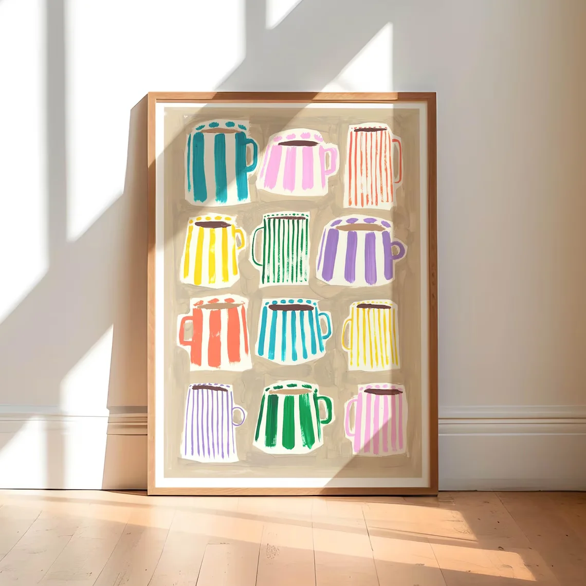 Kaffeetassen Malerei Kunstdruck / Handgemalter abstrakter Kunstdruck / Streifenbecher Küchenkunstdruck / Kaffeedruck / Bunte Kunst