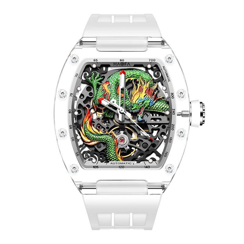 Haofa Mechanical Watch for Men  3D Dragon Automatic Skeleton Transparent Wristwatch Crystal Case Waterproof Men Watch 2321