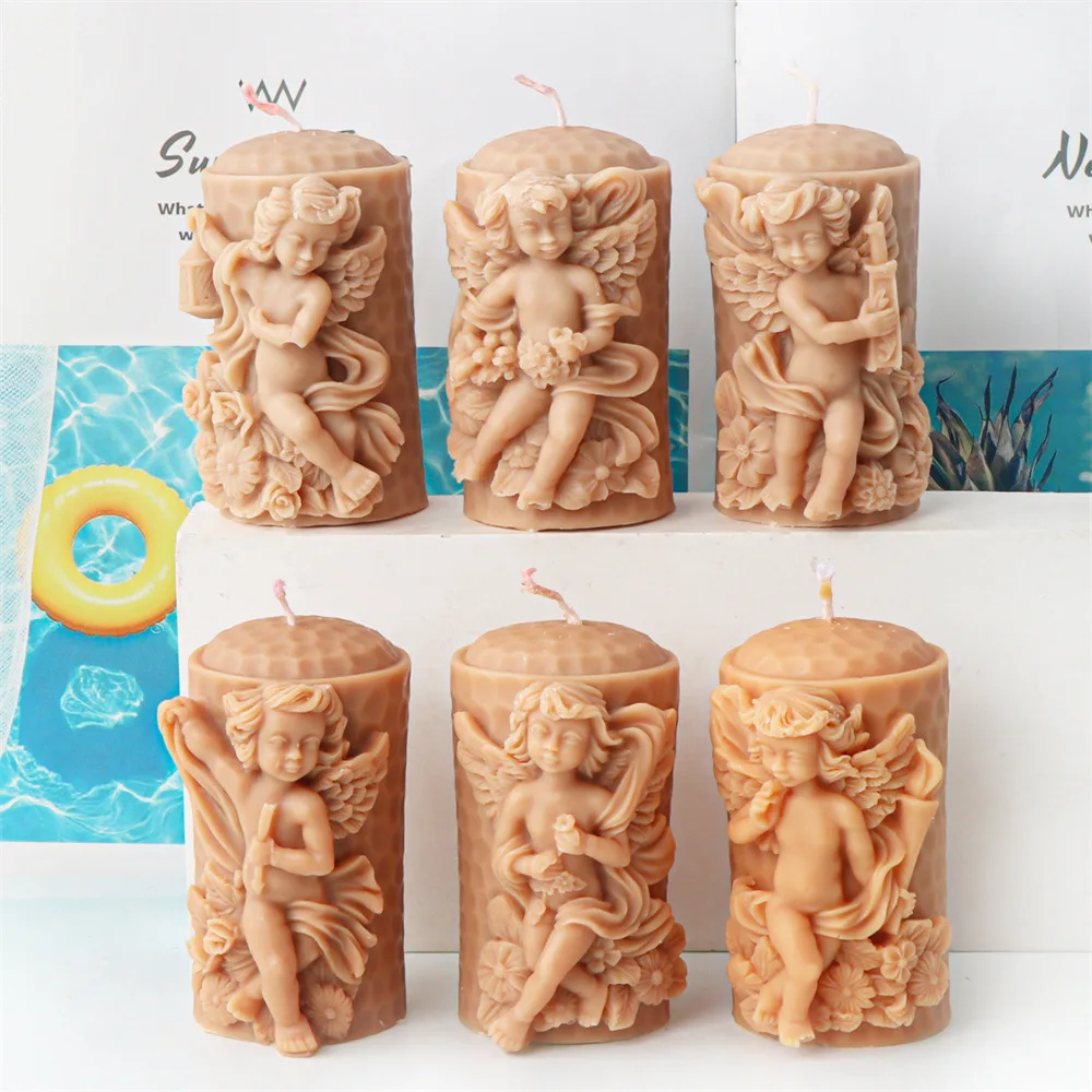 Beautiful Angel Silicone Candle Mold with Wings Angel Boy and Girl Cylindrical Soap Plaster Making Scented Candle Mold DIY Craft