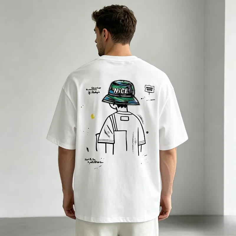 Sketch Boy With Bucket Hat Nice Back Print T Shirt Casual Streetwear Graphic Short Sleeve Tee