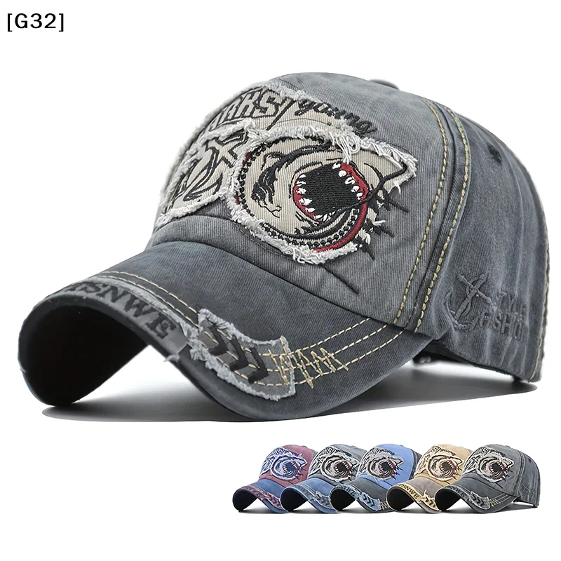 

Unisex Vintage Washed Cotton Baseball Cap, Embroidered Shark Color Block Hat, Multiple Colors Available[G32]