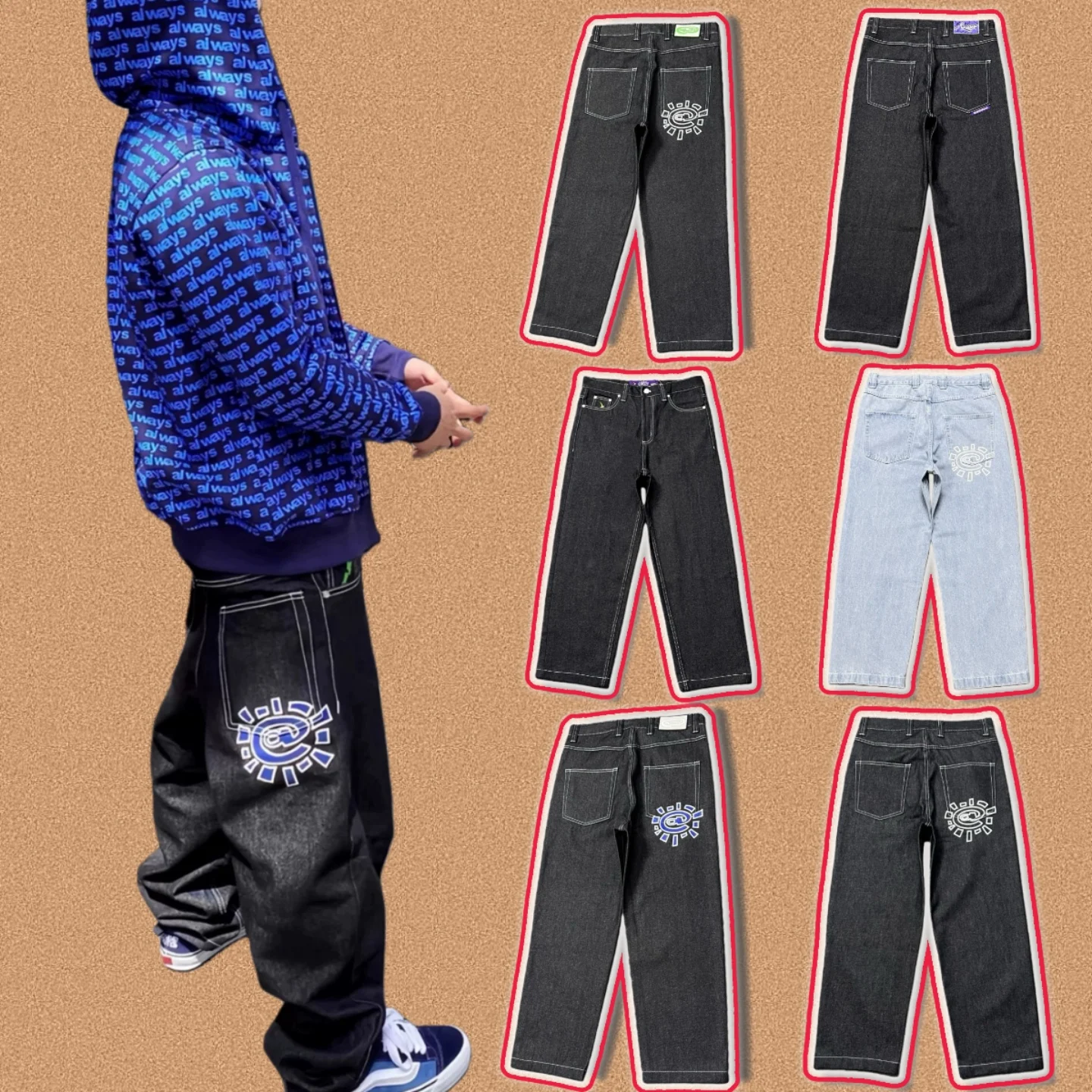 

Adwysd Street Retro Sun Roll Men's Jeans Casual Straight Leg Cotton Pants Youthful Faionable Durable Comfortable All-Season