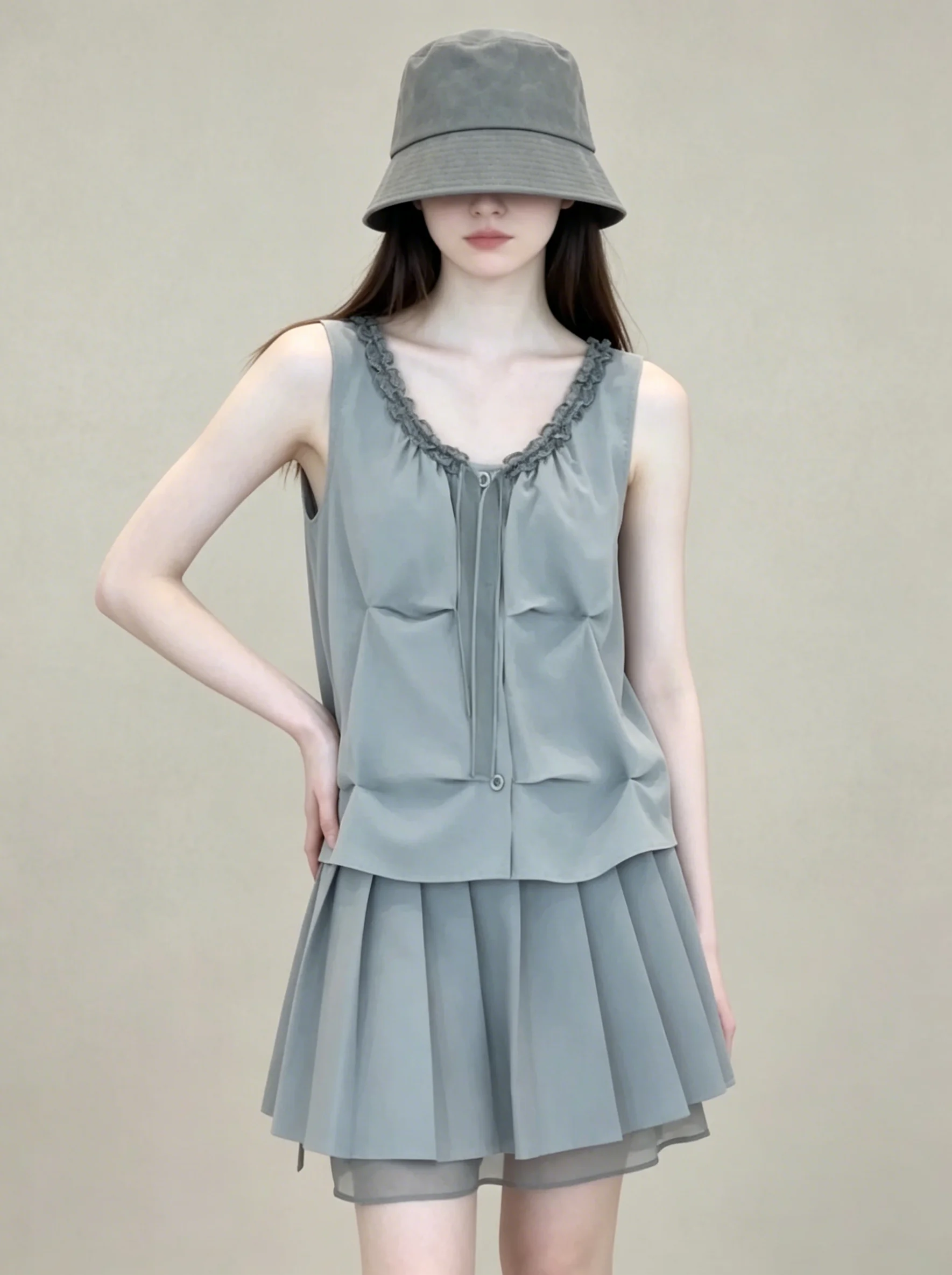 

Korean Style Summer Outfit Women's Sleeveless Pleated Skirt Set Loose Feelings Two-Piece Set High Waist Casual Style V-Neck B...