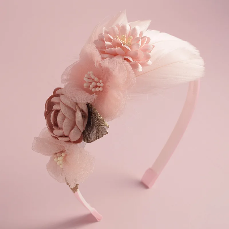 New Handmade Flower Girls Headbands Cute Pearl Feather Wedding Crown Princess Dance Party Headwear Fashion Hoop Accessories