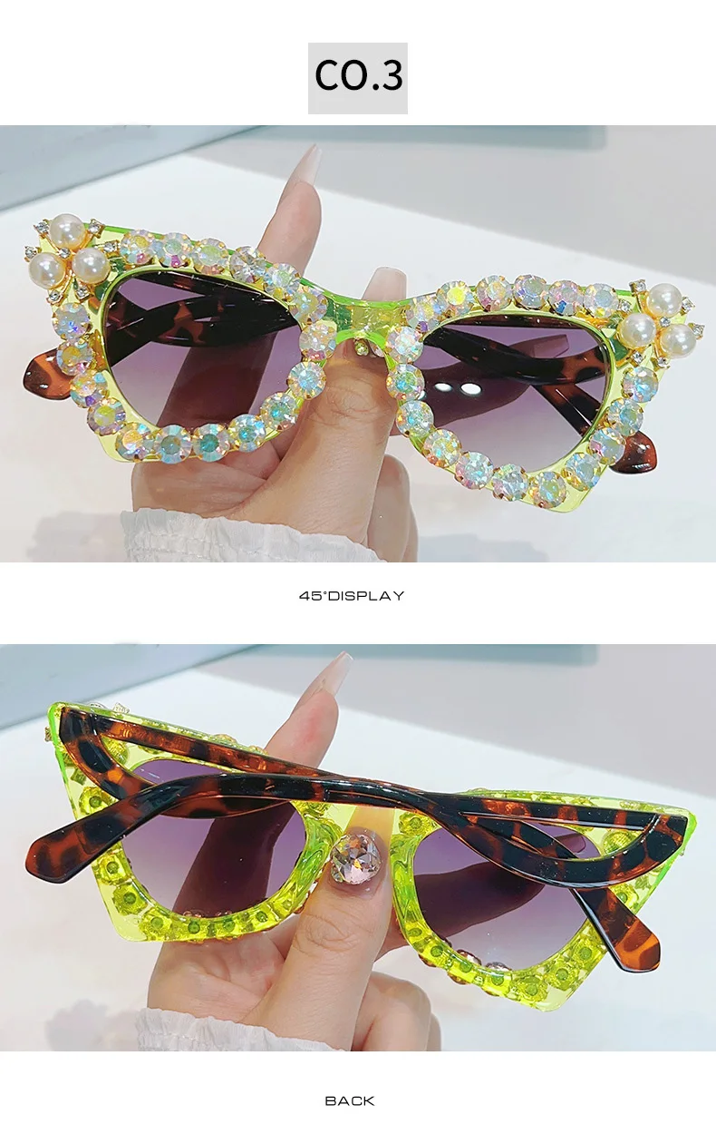 Glänzende Diamanten Cat Eye Sonnenbrille Frauen Luxus Perle Trends Punk Sonnenbrille weibliche Schatten UV400 Gradient Strass Brille – Detail 8