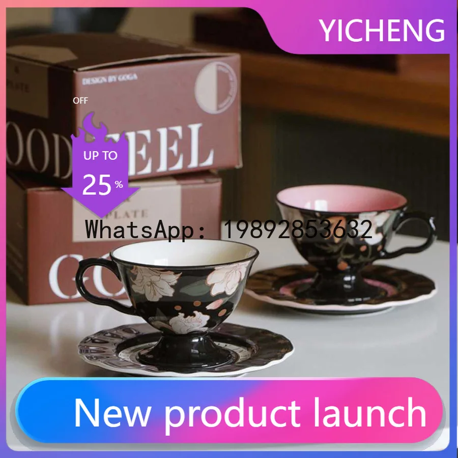 

LYY Vintage Red Large Flower Ceramic Coffee Cup and Saucer French Romantic Afternoon Tea Cup and Saucer Coffee Set Birthday Gift