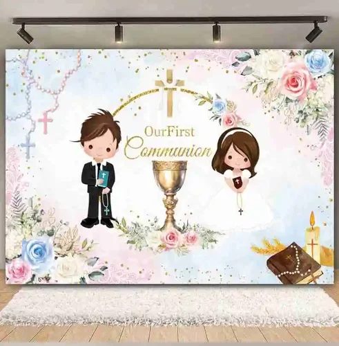 Imagen 2 del producto Fondo de fotografía de primera comunión niño niña Baby Shower fiesta de cumpleaños mi bautismo Cruz dorada Dios bendiga foto fondo