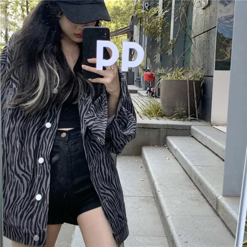 Basic Jackets Women Streetwear Harajuku Denim Casual Zebra-Striped Retro Vintage All-match Spring Loose Daily Outwear Ulzzang image 2