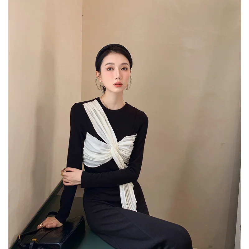 2023 Spring and Summer  Black Knitted Dress New Chinese Style Tea Break French Style Chic Unique Bow FemaleTemperament Dress