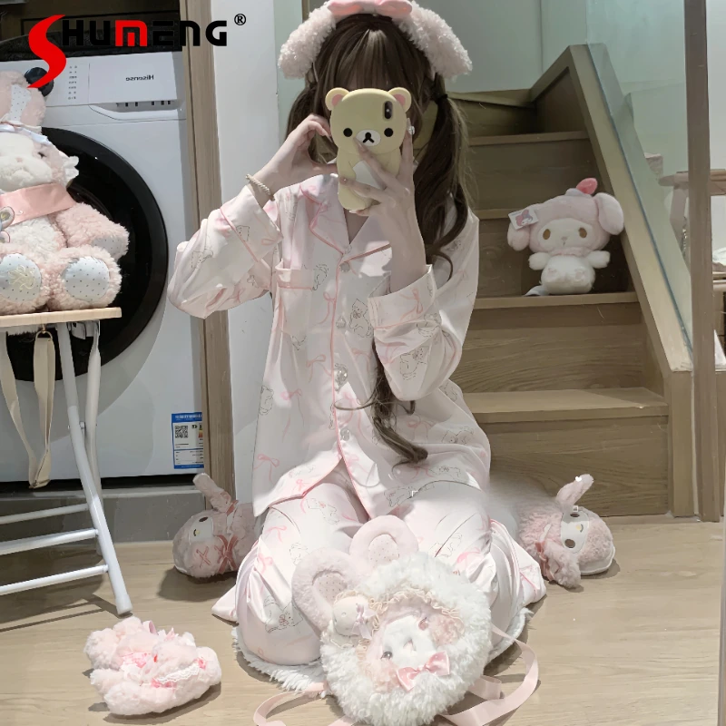 

Весенне-летние атласные пижамы, женские милые милые пижамы с длинными рукавами и рисунком, комплект домашней одежды, женские длинные брюки с принтом, костюмы для сна