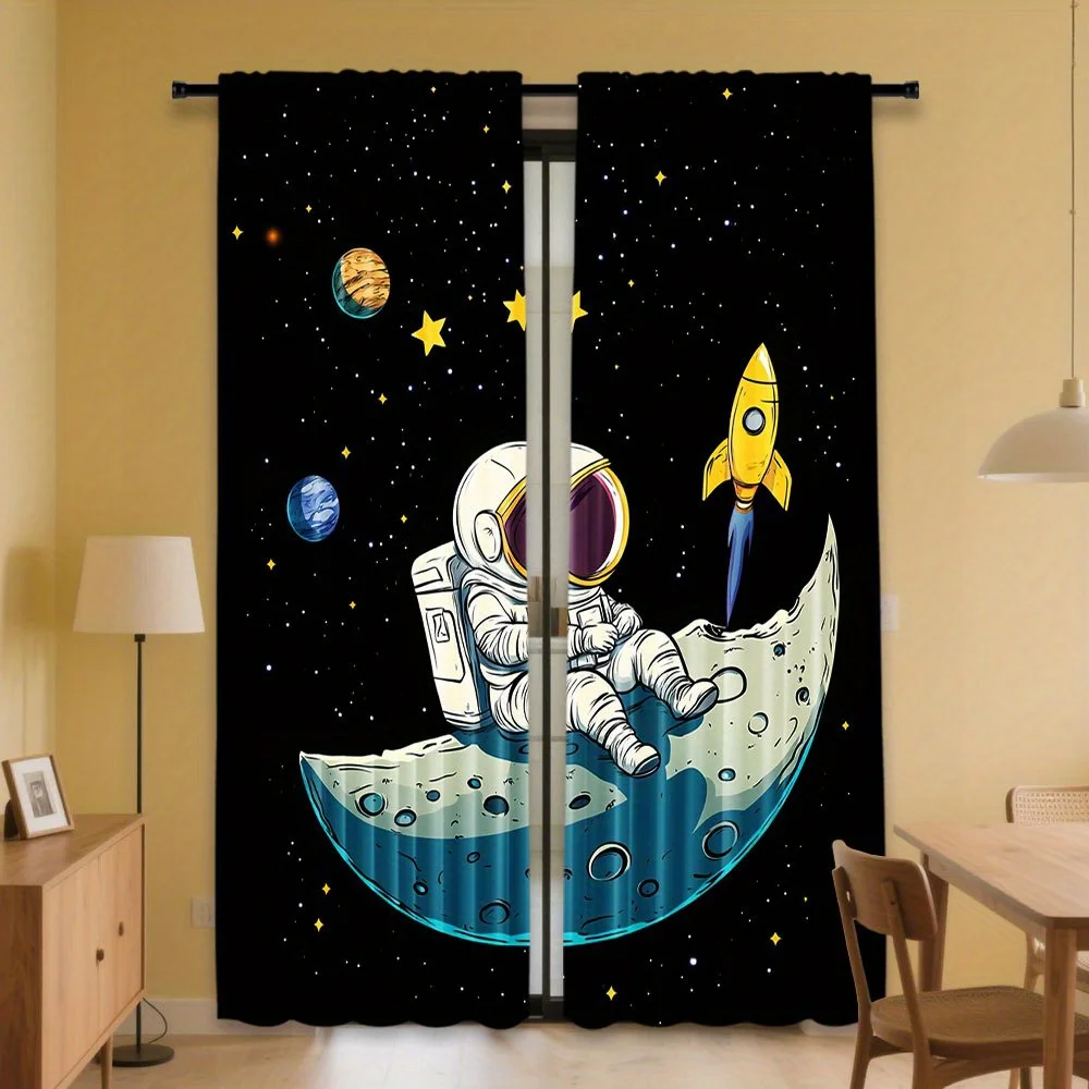2pcs Space-Themed Curtains - Astronaut & Rocket Design, Black with Stars & Planets, Semi-Transparent Polyester for Bedroom, Livi