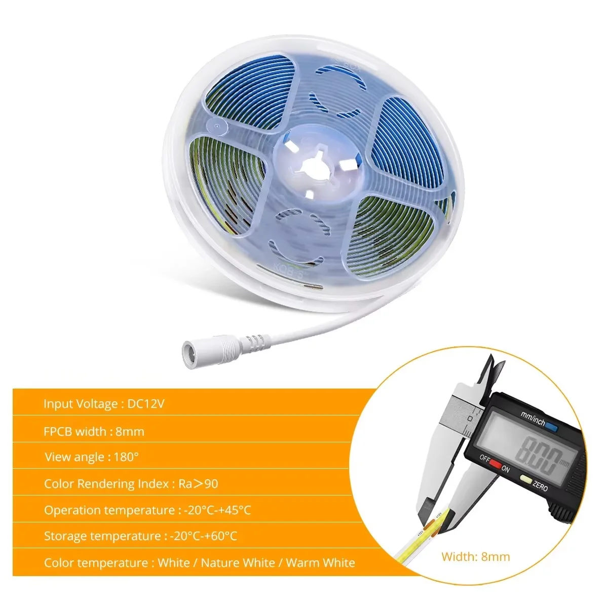 DC 12V 24V FOB COB Strip 320Leds/M High Density RA90 White 3000K 4000K 6000K IP21 Flexible Ribbon Rope LED Light