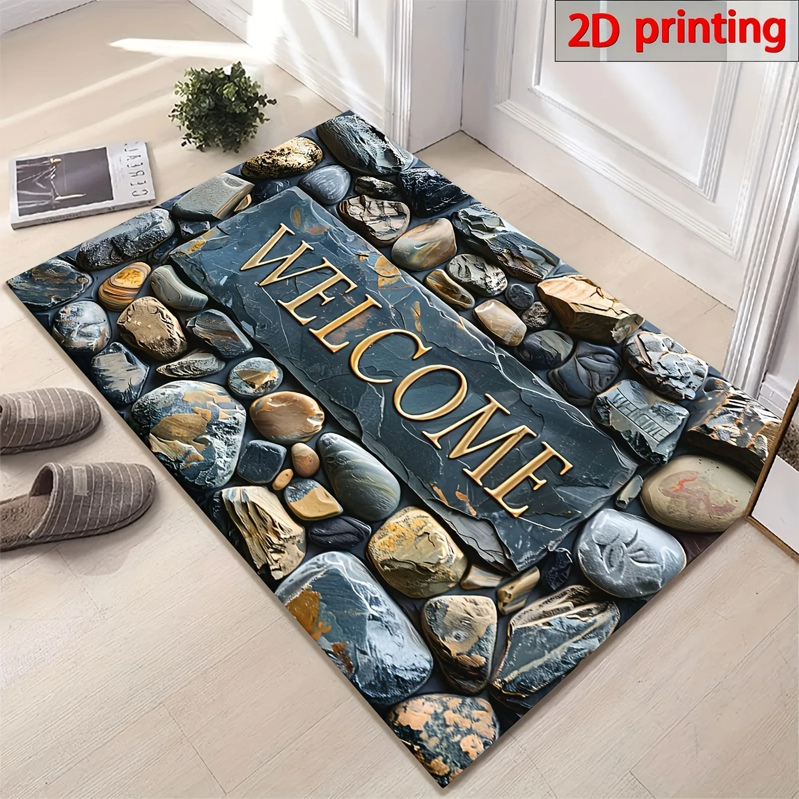 1pc Elegant Welcome Pebble Design Doormat - 6Mm Thick Polyester Rectangular Carpet, Stone Pattern - Non-Slip, Machine Washable Mat for Entrance, Living Room, Bathroom, Balcony - Luxurious Artistic Indoor Decor Carpet
