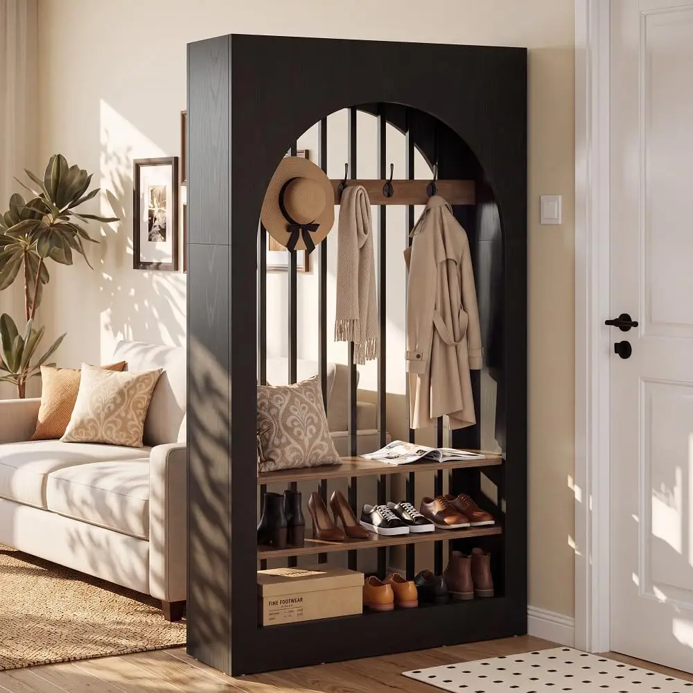 Freestanding Arched 71 Inch Wood Wall Room Divider Modern Partition Privacy Screen Coat Hooks Storage Shelves Entryway Living Ro
