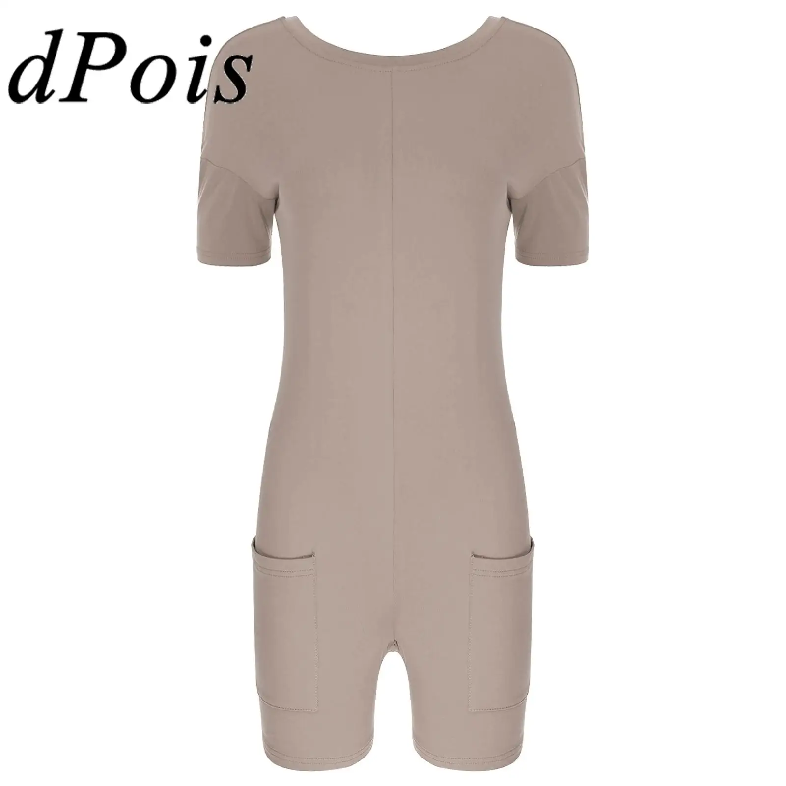 Womens Bodysuits Loose Solid Color Short Sleeve Jumpsuits with Pockets Casual Daily Workout Fitness Yoga Bodysuit Sleepwear