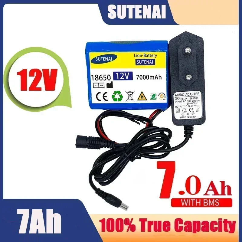 BMS付き充電式リチウムイオン電池,保護ボード,充電器,12V, 7000mAh, 18650 Ah, 12.6V