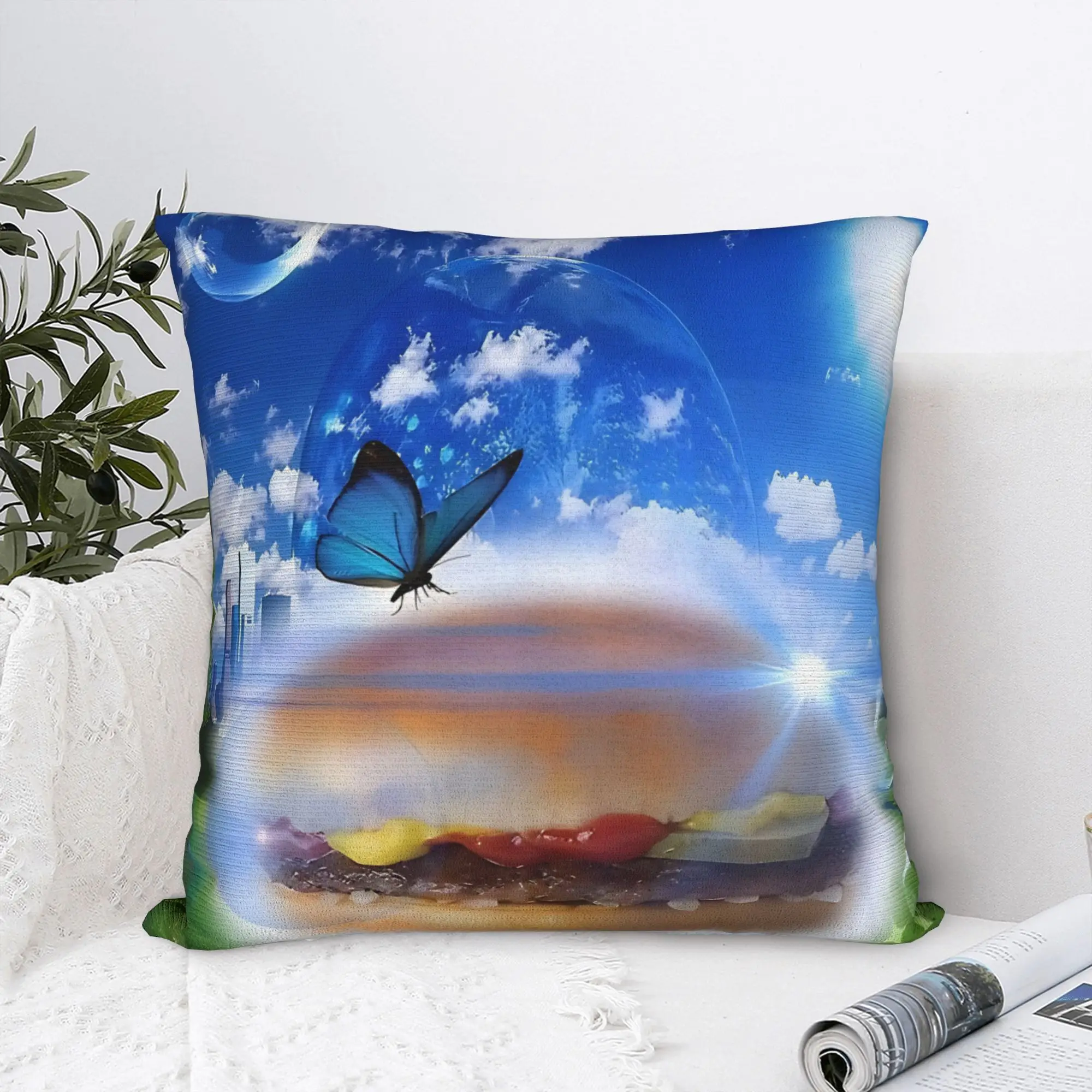 Frutiger Aero Burger and Butterfly Square Pillowcases Polyester Sofa  Cushion Case Creative Decor Throw Pillow Case 40*40