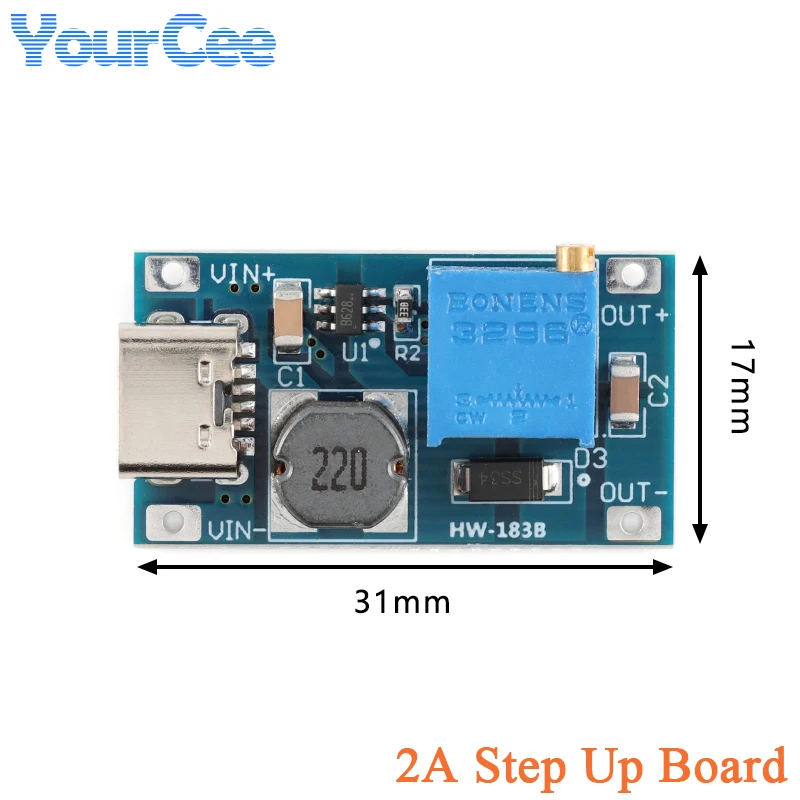 5pcs/1pc 2A Adjustable Step Up Booster Board DC-DC Power Conversion Boost Module Type-C Car/Power Bank/USB Charging 2V-24V