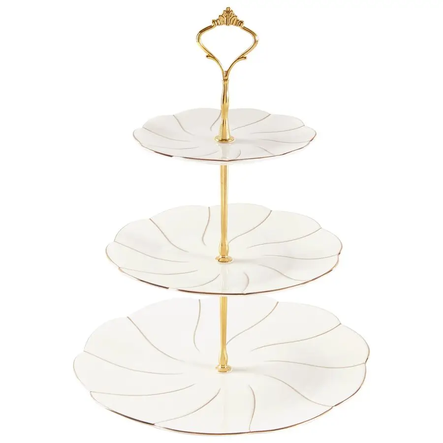 

Роскошная большая 3-ярусная подставка для кексов, фарфоровый сервировочный поднос в британском стиле с золотой отделкой, подставка для десертов из пищевого фарфора