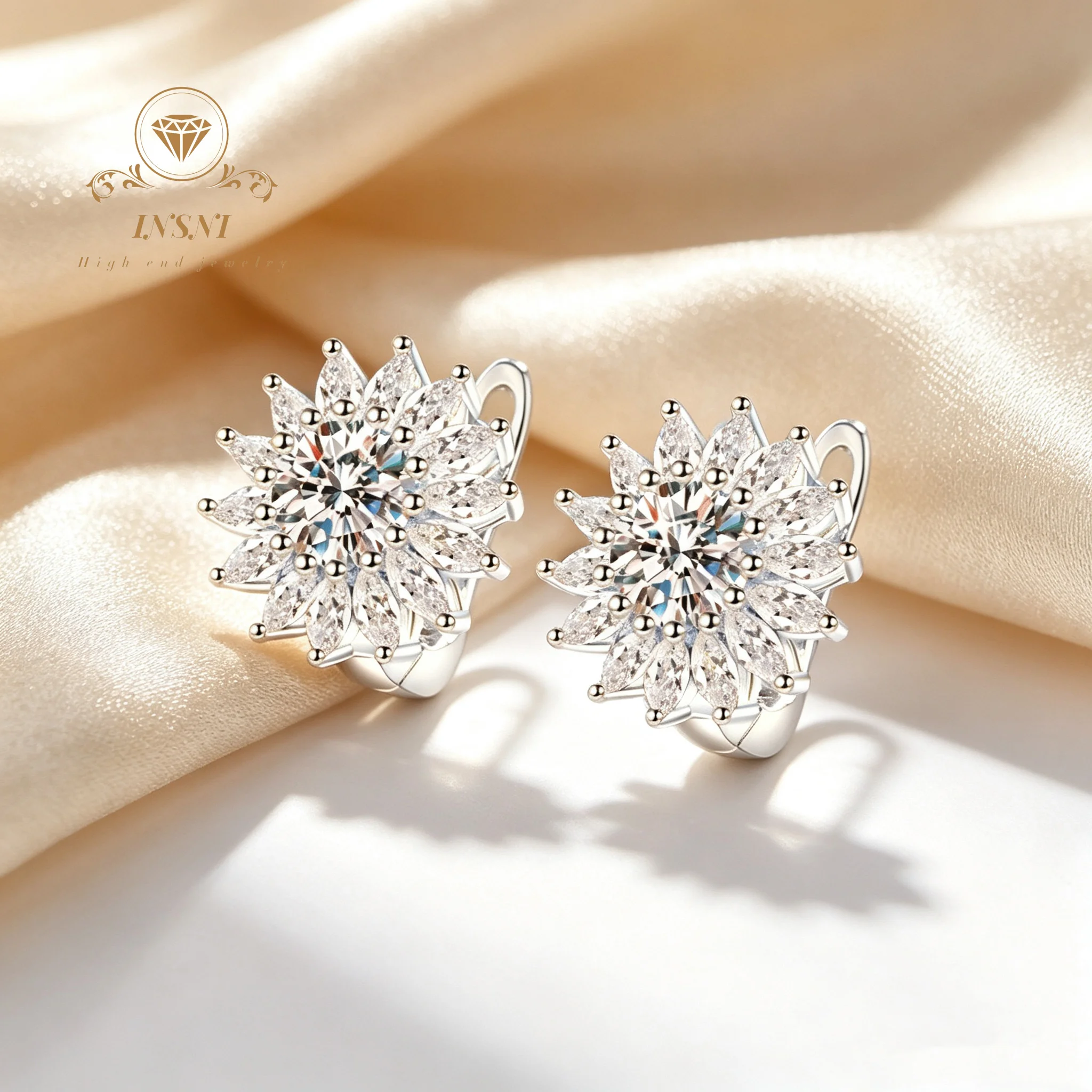 S925 Silver Moissanite Full Diamond Sun Flower Ear Buckle Women's Full Diamond Earrings Light Luxury Commuter Banquet Jewelry