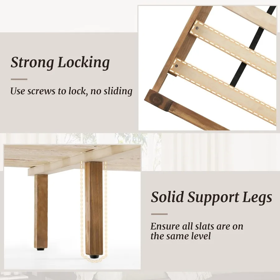 إطار سرير بحجم كوين مصنوع من خشب السنط مع لوح رأسي مدمج مثالي للاستخدام في غرفة النوم يدعم ما يصل إلى 800 رطل غير قابل للانزلاق والضوضاء #5