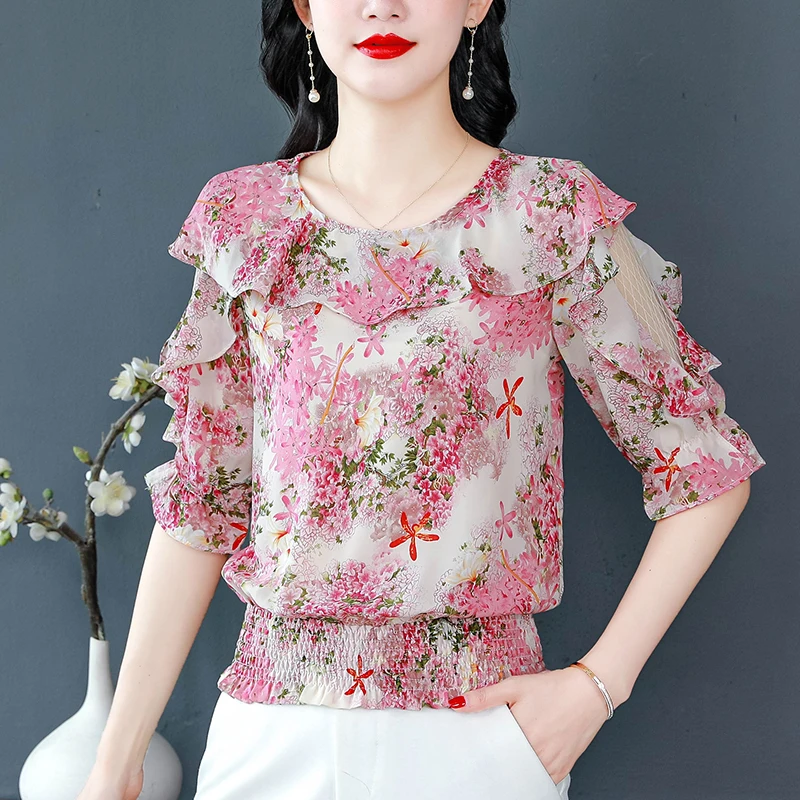 Elegant Ruffled Floral Printed Women tops Summer Chiffon Blouse 2024 Fashion Half Sleeve Patchwork Mesh shirt