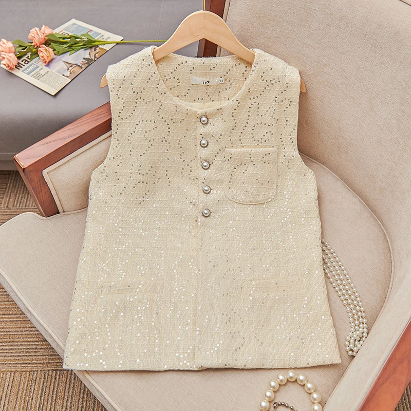 Elegant Women Vest Coat Round Collar Tweed Sequins Pearl Clasp Shoulder Top Mature Lady  Autumn Winter Fashion Sleeveless Jacket