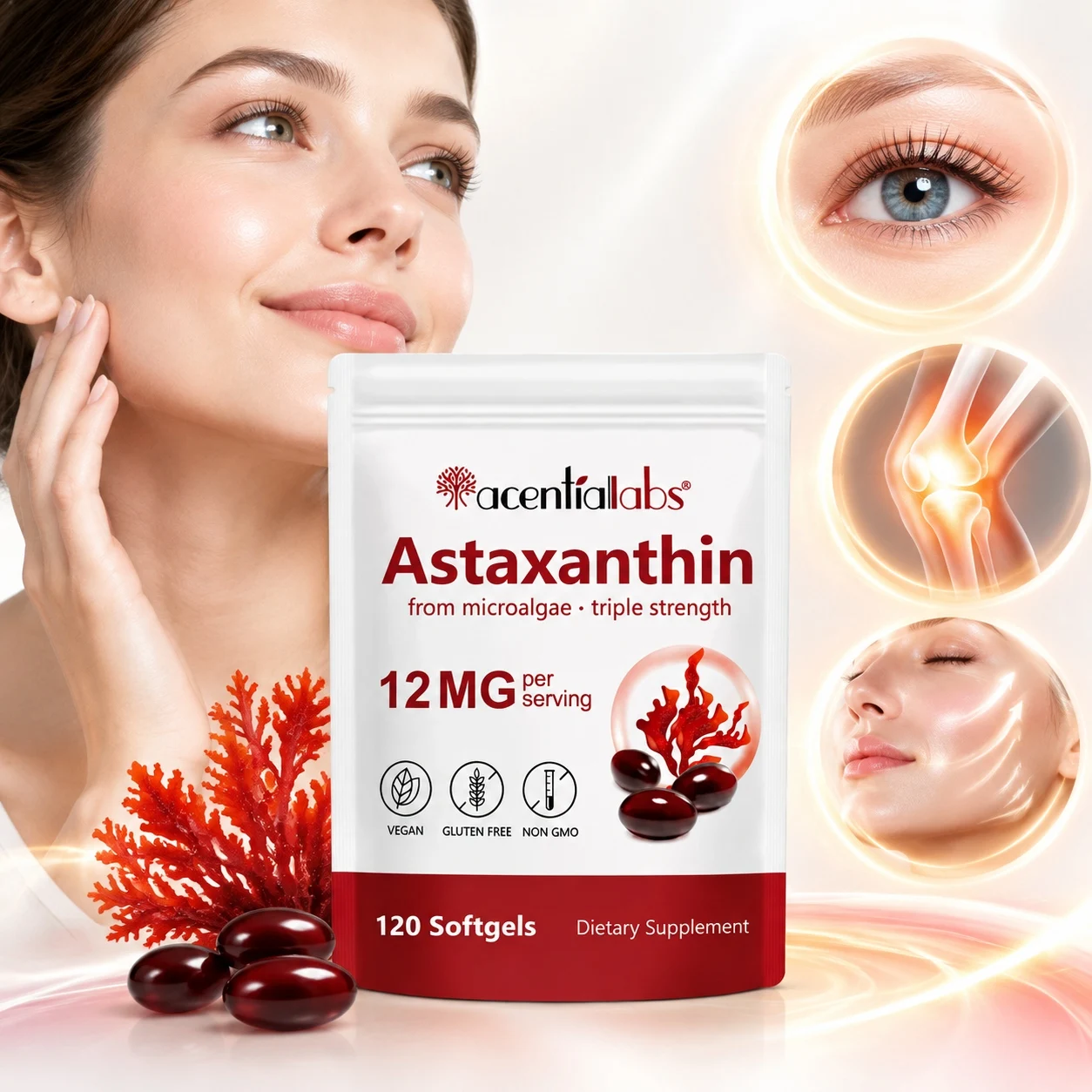 Astaxanthin Softgels Skin Anti Aging Eye Health Joint Comfort Flexibility Antioxidant Defense Cellular Hydration 120 Softgels